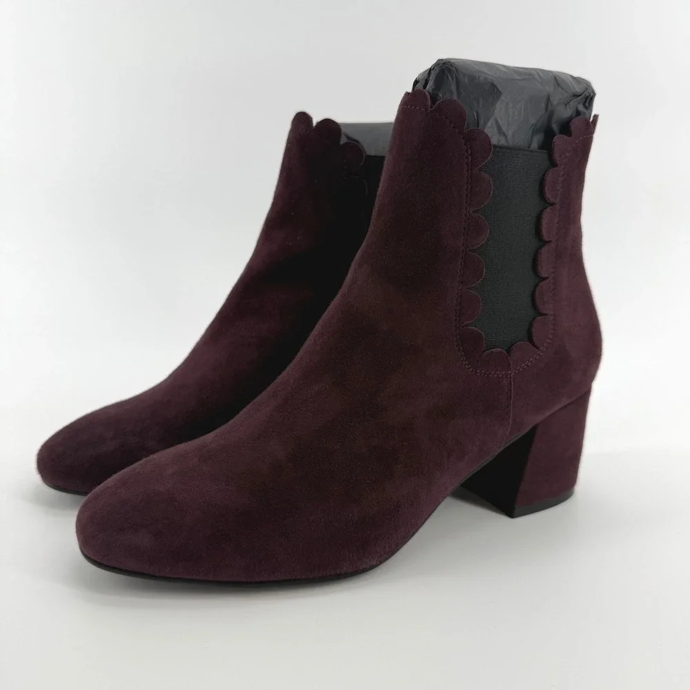 Ava & Aiden Burgundy Suede Scalloped Trim Block Heel Ankle Boots Size 38 Spain